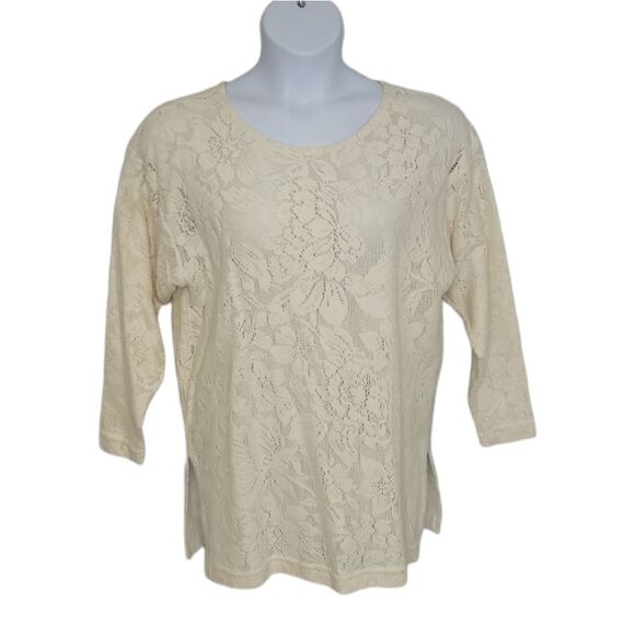 VINTAGE 90s top ivory 3/4 sleeve crochet lace oversized tunic S - Picture 1 of 9